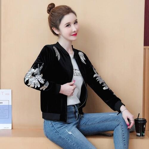 Real Shot Womens Spring and Autumn New Black Gold Velvet Short Jacket With Sequins All-Match Cardigan Baseball Uniform Top Coat