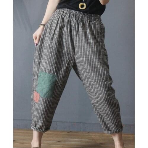 2021 Summer New Arts Women Elastic Waist Calf-length Loose Pants Cotton Linen Vintage Stripe Casual Harem Pants Plus Size 7XL