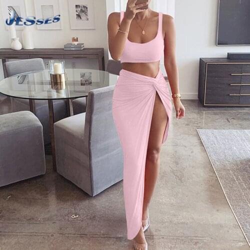 Spring Ladies Skirt Suit Sexy Sleeveless Short Vest And High Waist Split Skirts Female Two-piece Sets Pure Color Tracksuit Femme