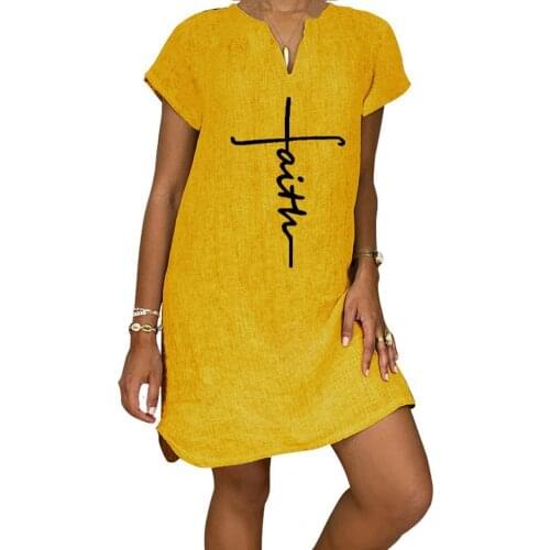 Women Dress Cotton Flax Letters Print V Neck Summer Solid Color Short Sleeve Dress Letters Print Short Sleeve Dress Women