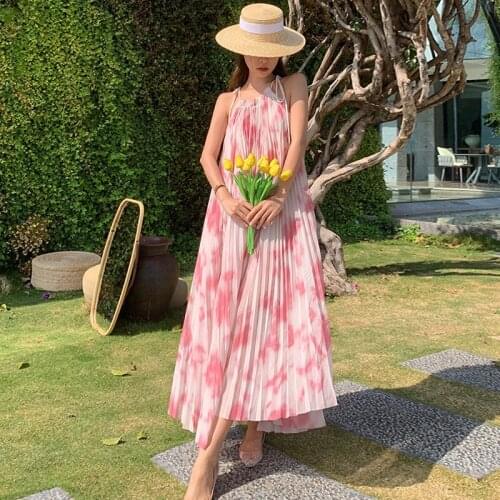 Fashion Summer Korean Casual Vintage Print Beach Holiday Maxi Dress Ladies Elegant Robe Sexy Strap Pleated Loose Vacation Dress
