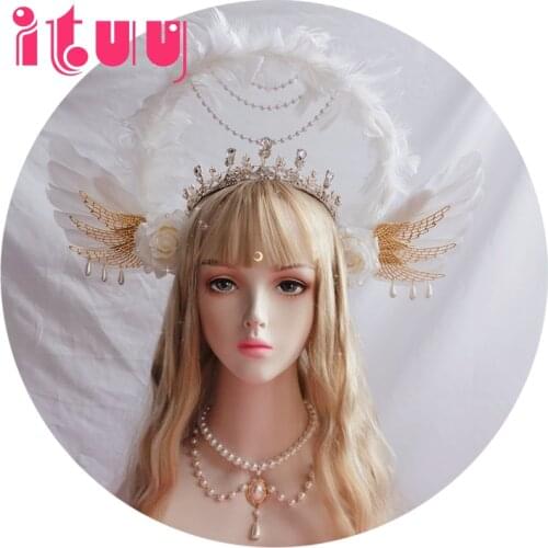 Lolita White Angel Wings Virgin Mary Bead Chain Baroque Halo Tiara Hair Accessory Virgin Mary Sun Godmothers Crown KC Headwear