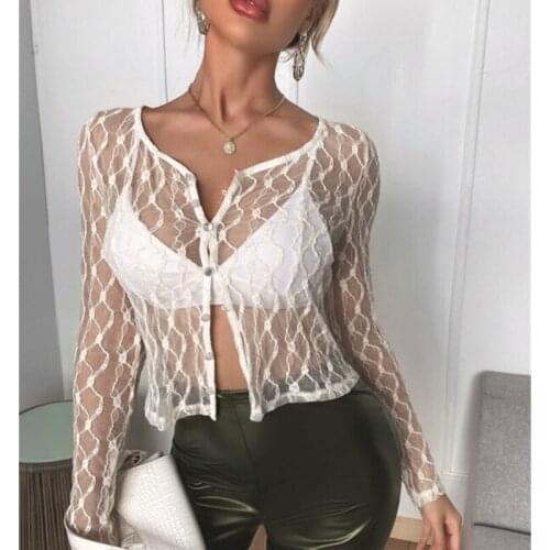 Musuos Women Casual Beach Blouse Floral Mesh Lace Perspective Buttoned Shirt Tops Female Summer Slim Split Sun Protection Blusas