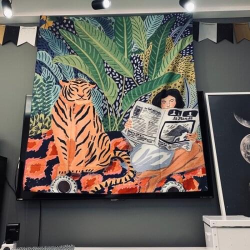 Tiger and Girls Foyer Study Room Background Cloth Tapestry Wall Hanging Blanket Outdoor Picnic Mattress