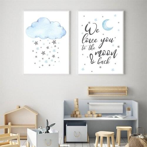 Blue Star Cloud Canvas Painting Nursery Art Print Moon Poster Quotes Wall Art Prints Child Posters Wall Pictures Baby Room Decor