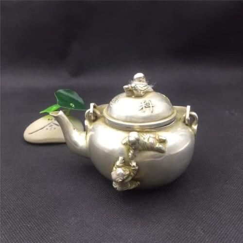 Chinese Hand-made Bronze Sculpture Tibet Silver Pot Five Students Small Children Teapot And Kettle Decoration