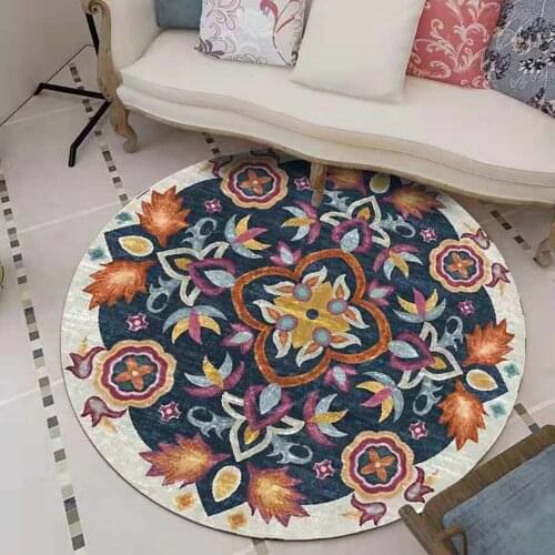 Round Flower Mat Ethnic Style Carpet For Room Decoration European Style Mandala Flower Round Non-slip Rug For Bedroom Bedside