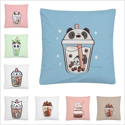 Cute Animal Milk Tea Cartoon Pattern Soft Short Plush Cushion Cover Pillow Case for Home Sofa Car Decor Pillowcase 45X45cm