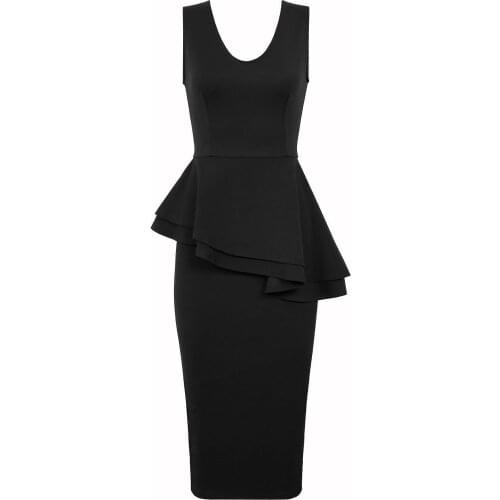 Forever Women Sleeveless Plain Side Bow Slant Ruffles Peplum Bodycon Midi Party Dress