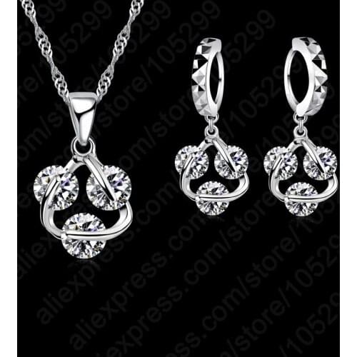 New Gift Set 925 Sterling Silver With White 3 Balls Cubic Zirconia CZ Dangle Earring Pendant Necklace Woman Jewelry Set