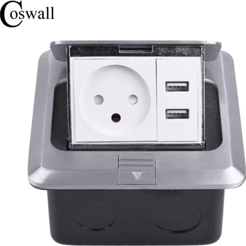 Coswall All Aluminum Panel Soft Pop Up Floor Socket 16A Israel Standard Power Outlet With Dual USB Charging Port 5V 2.1A Max