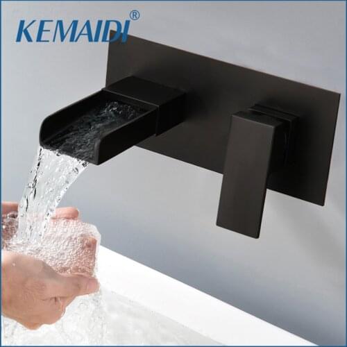 KEMAIDI Matte Black Basin Faucet Embedded Box Valve Bathroom Sink Faucet Wall Mounted Single Handle Waterfall Mixer tap Crane