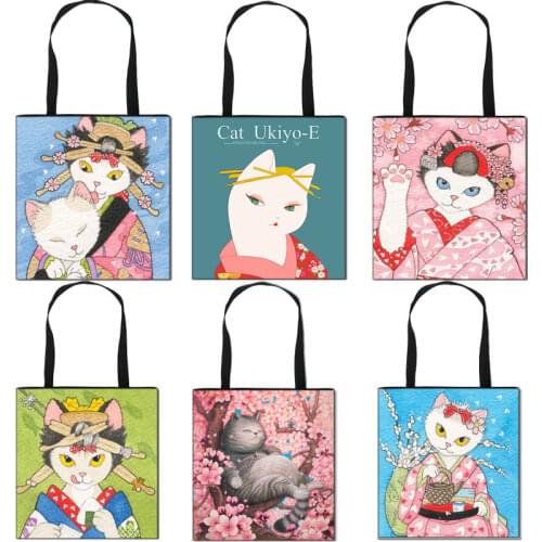 Japanese Illustration Cat Print Shoulder Bag Women Girls Casual Tote Bag Shopping Bag Large Capacity Beach Bag