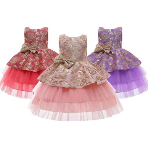Vintage Jacquard Girls Dress Birthday Party Costume Summer Mesh Wedding Princess Dresses For Elegant Baby Girl Clothes Vestido