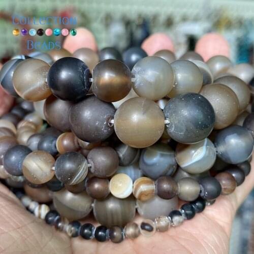 Natural Dull Polished Coffee Stripe Agates Loose Round Beads For Jewelry Making 4-12 mm Diy Bracelets Accessories 15" Wholesale