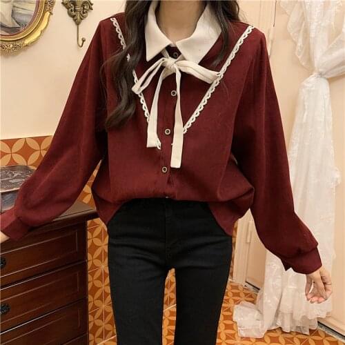 Women Solid Lace Up Bow Tie Shirt Turn-Down Collar Button Up Cute Blouse Female Elegant Work Shirt Casual Tops