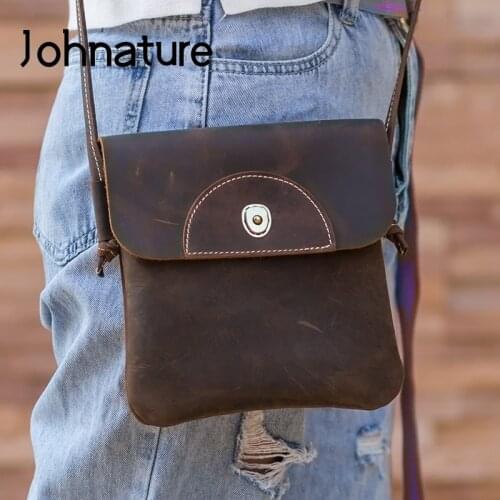 Johnature Retro Crazy Horse Leathre Women Small Bag 2021 New Soft Cowhide Ladies Mini Mobile Phone Bags Versatile Shoulder Bags