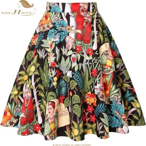 SISHION 2021 Floral Print Women Skirts Summer black High Waist Casual Vintage Swing Retro Skater Midi Skirt faldas mujer VD0020