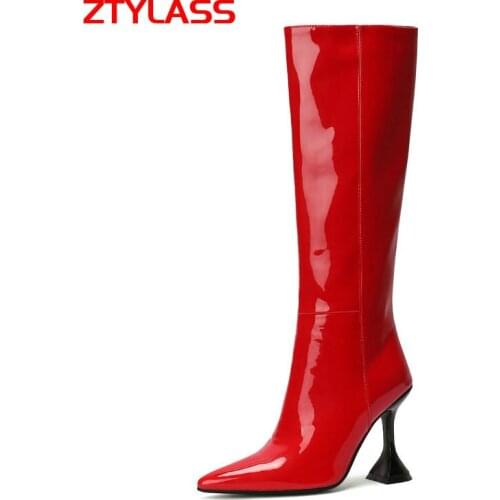 2021 Autumn Winter Women Knee High Boots Patent Leather Slip On Knight Boots Ladies Strange Style Heel Pointed Toe Shoes Woman