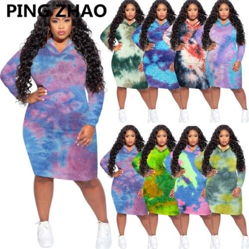 PING ZHAO Autumn Tie Dye Print Hooded Long Sleeve Plus Size Women Bodycon Midi Dress Vestidos Streetwea Dresses