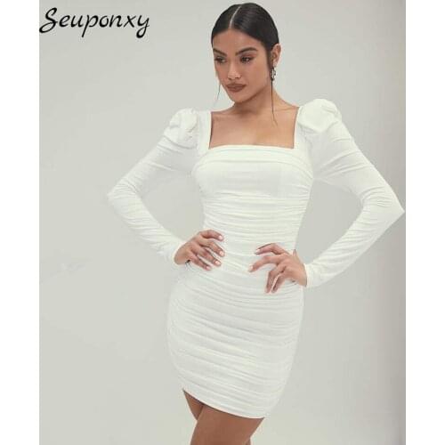 High Quality Sexy Square Neck Long Sleeve Backless White Dress 2021 Summer Womens Pleated Bodycon Club Party Dress Vestidos