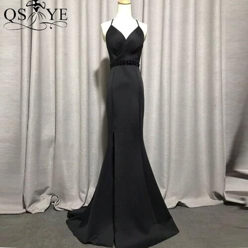 QSYYE Black Evening Dress Mermaid Sexy V Neck Pleat Bodice Women Cheap Evening Dress Open Back Elegant Party Dress Beading Sash