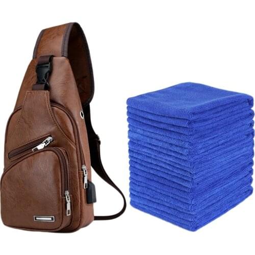 1Pcs Mini USB Interface PU Leather Chest Bag Crossbody Bag Single Shoulder Bag Light Brown & 20Pcs Absorbent Microfiber Towel Ca