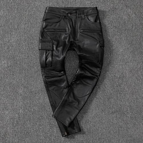 Free shipping.wholesales mens genuine leaher cargo pants.black Pro biker cow leather long pants.Protective gear trousers
