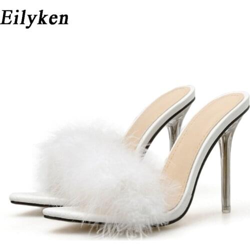 EilyKen PVC White Fluffy Featherr Pointed Toe Perspex High Heel Slippers Summer Fashion Slip On Thin Heels Slides Women Mules