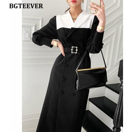 BGTEEVER Elegant Patchwork Women Dress 2021 Autumn Long Sleeve Double Breasted Belted Female Suit Dress Ladies Vestidos