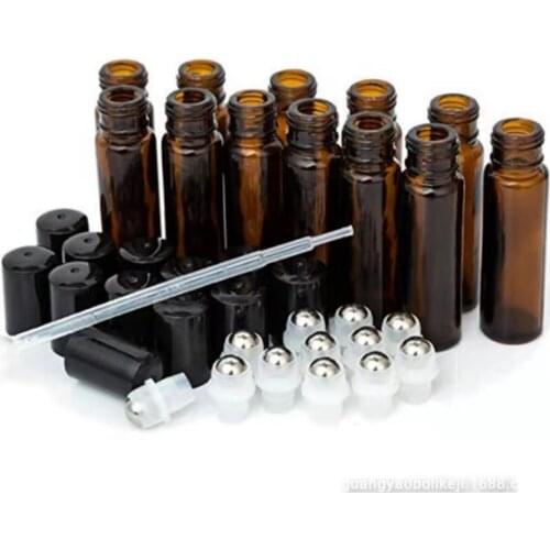 15pcs1/2/3/5/10ml Amber Glass Roller Bottle Empty Perfume Essential Oil Test Bottle Vial Roll-On Thick Glass Vial