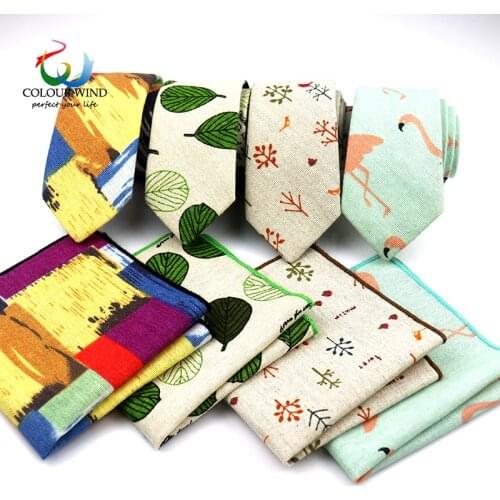 Mens Design Tie Set Cotton Linen Neck Ties Skinny Plaid Pocket Square Qstrich Flower Stars Leaves Prints Handkerchief Sets Lots