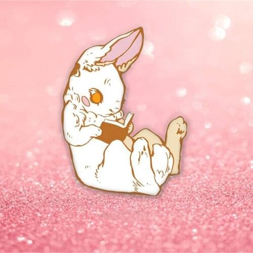 Kawaii Love Reading Book Bunny Hard Enamel Pin Soft Cute Animal White Bunny Medal Brooch Accessories Unique Jewelry Gift
