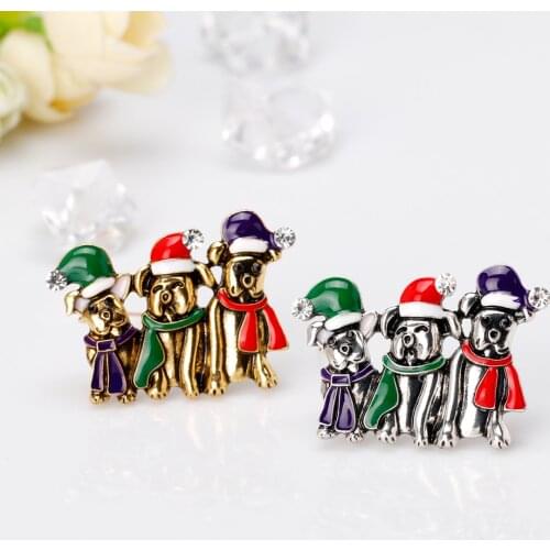 Cartoon Three Puppies Brooch Christmas Ornament Cap Dog Brooches for Women Child Enamel Pins Jewelry Accessories