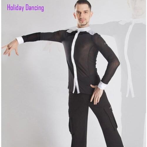 Long Sleeve White Cuff and Neck Male Latin Dance Tops Latin Dancing Cloth Practise Tango Chacha Dancing Performamnce BY291