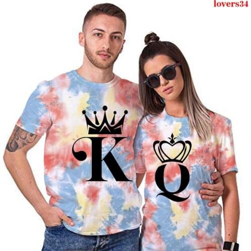 Couple Clothes Summer T Shirt Women K&Q Print Tie Dye T-shirt O-neck Short Sleeve Casual Tee Tops for Women Men Camiseta 2021