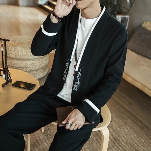 2021 Autumn Chinese Style Mens Clothes Cotton Linen Retro Hanfu Suit Two Piece Set Male Loose Costume Long Sleeve Shirt+pants