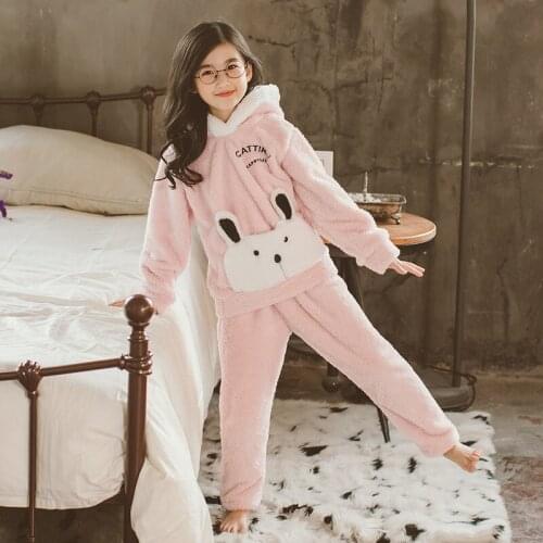 Autumn Winter Fleece Clothes for Kid Cartoon Sweet Girls Sleepwear Robe Hooded Pajama Sets 2 Piece Set