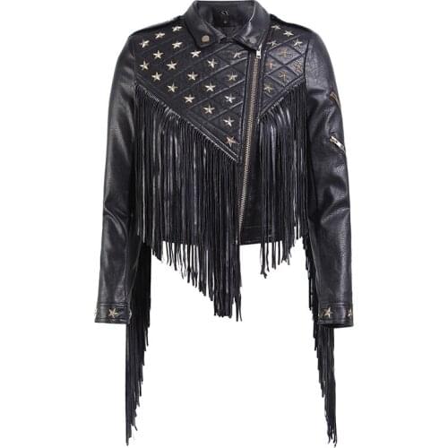 Fringed coat female leather nail stars short lapel zipper motorcycle clothing PU jacket
