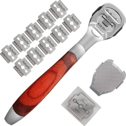 Stainless Steel Foot File Foot Care Pedicure Tools Hard Dead Skin Remover Scraper Callus Shaver Wood Handle with 10 Blades