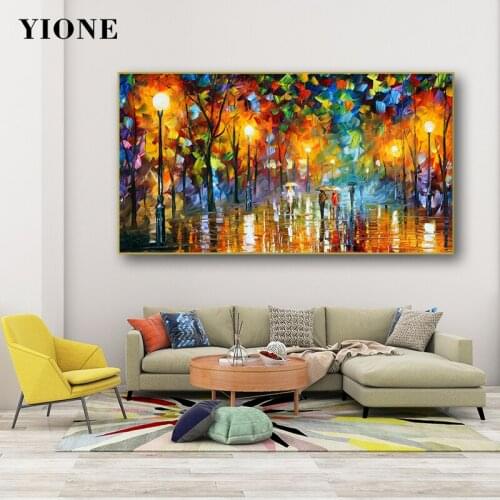Lovers with Umbrella Street Landscape Oil Painting Print Custom Colorful Night Scene Canvas Art Posters Wall Pictures for Living