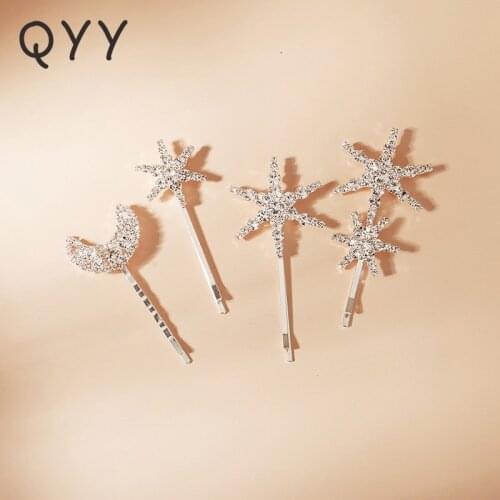 QYY Fashion Star Hair Clips for Women Accessories Rhinestone Silver Color Bridal Wedding Hair Jewelry Bride Headpiece Gifts