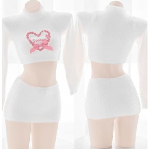 Sexy Anime Costume Goth Lolita Punk Skirt Set Kawaii Clothing White Heart Print UltraShort Top Harujuku Cosplay Outfit Suit 2021