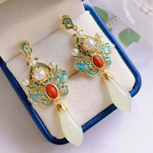 Natural Hetian White Magnolia enamel porcelain Earrings Chinese retro luxury elegant charm womens silver jewelry
