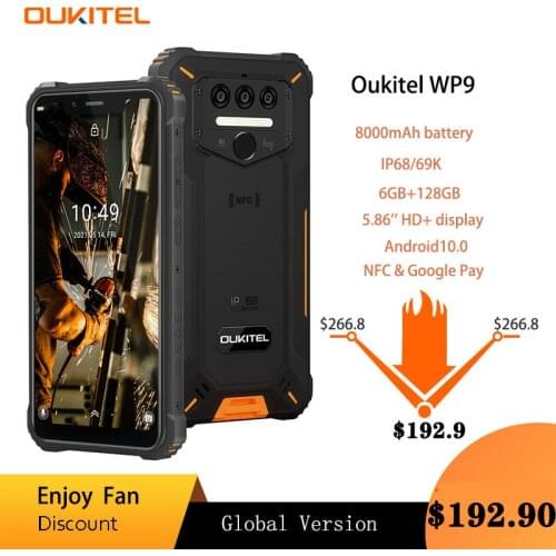 Oukitel Rugged Mobile Phones WP9 6G+128G LTE Smartphone NFC 5.86" HD+ 8000mAh Android10 16M/8M Camera Octa Core Cell Phone