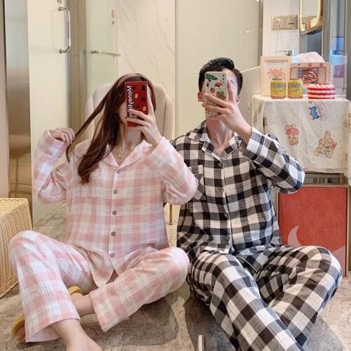 Woven Cotton Crepe Couple Pajamas Suit Long-sleeved Spring Summer Thin Grid Plus Size Home Clothes