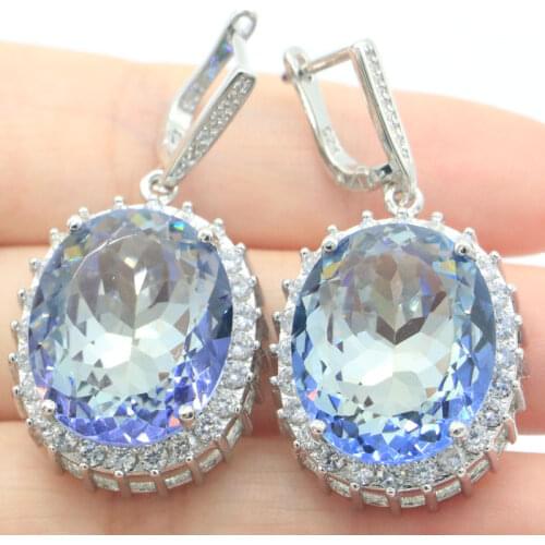42x15mm Luxury Big Oval Gemstone Created Real Green Emerald Iolite Bright Zircon For Women Wedding Silver Earrings Daily Wear