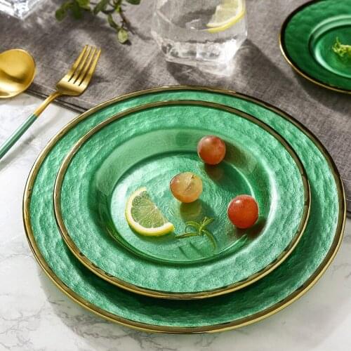 Green Round Cutlery Tray With Gold Rim European Phnom Penh Western Food Steak Plate Exquisite Breakfast Plate Fruit Salad Plate