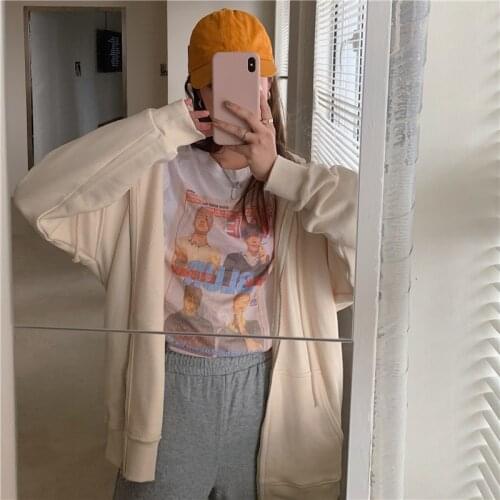 2020 Women Autumn Oversized Basic Hoody Jackets Full Sleeve Zipper Drawstring Hood Solid Color Coat Cardigan Outwear