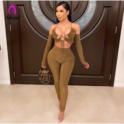Khaki Women 2 Piece Set Off Shoulder Crop Top Deep V Halter Neck Skinny Pencil Pant Sexy Night Club Party Outfits Work Out Wear